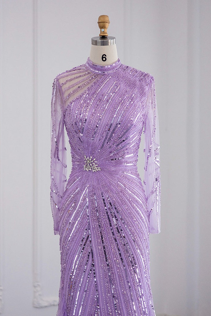 Violet High Neck Mermaid Evening Dress Tulle Long Sleeves With Sparkle Appliques