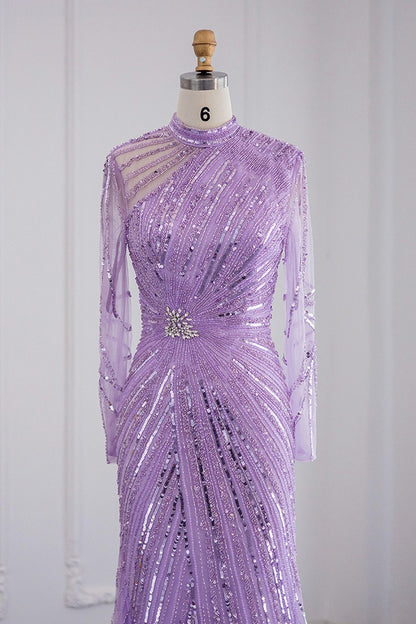 Violet High Neck Mermaid Evening Dress Tulle Long Sleeves With Sparkle Appliques