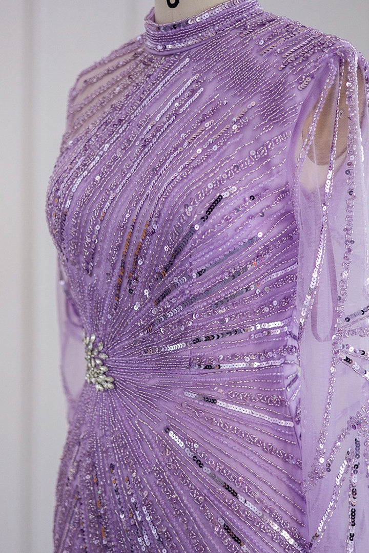 Violet High Neck Mermaid Evening Dress Tulle Long Sleeves With Sparkle Appliques