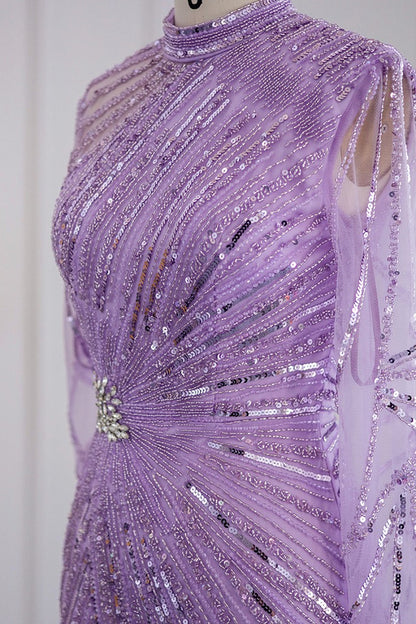 Violet High Neck Mermaid Evening Dress Tulle Long Sleeves With Sparkle Appliques