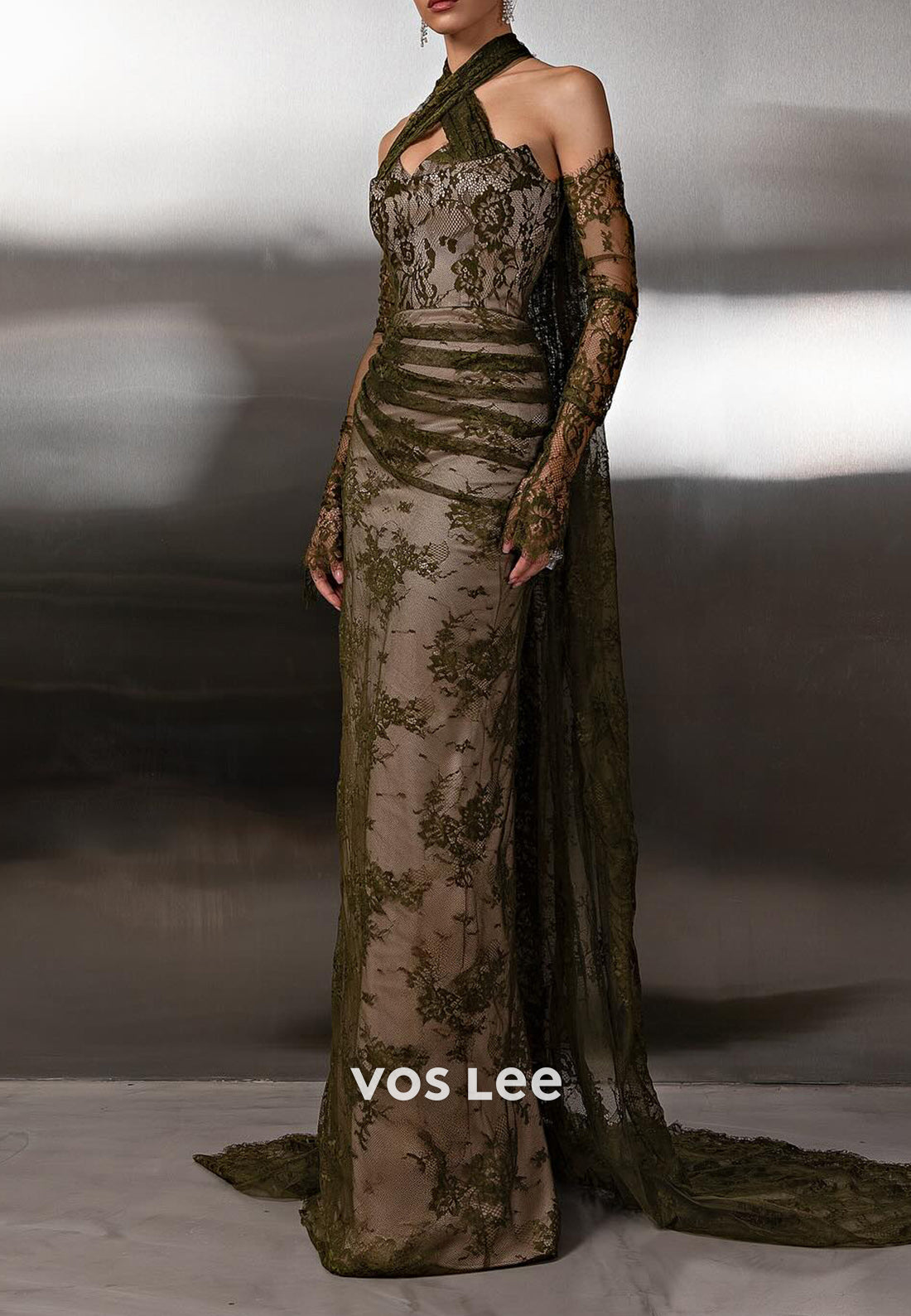 Olive - Long Sleeve Halter Appliques Lace Floor-Length Sheath Evening Gowns