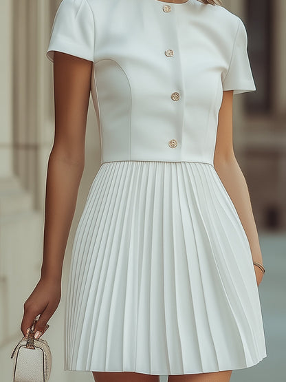 Elegant White Pleated Short Sleeve Button Dress
