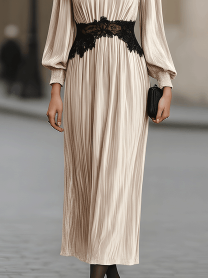 Pleated Velvet Dress With Black Lace Detail