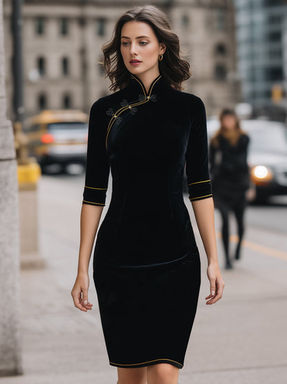 Elegant Velvet Mandarin Collar Dress With Gold Piping
