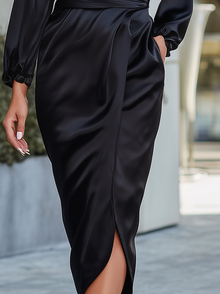 Black Satin Draped Wrap Midi Dress