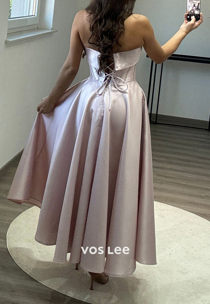 Beaded Crystal Strapless A-Line Satin Homecoming Evening Prom Dress Ball Gown