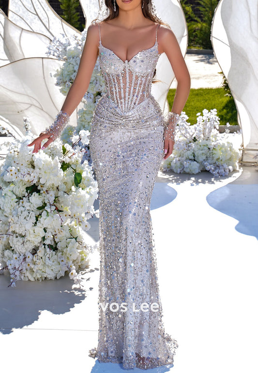 Spaghetti Straps V Neck Fully Rhinestone Mermaid Evening Dresses with Sweep Train