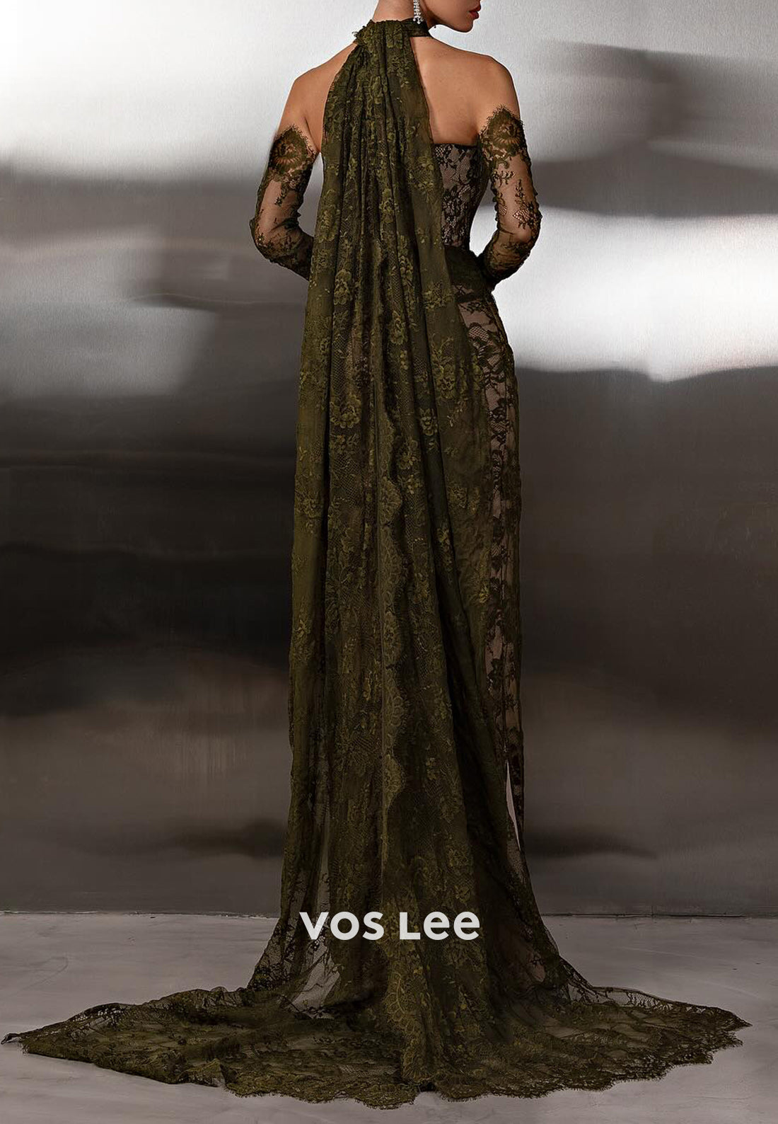 Olive - Long Sleeve Halter Appliques Lace Floor-Length Sheath Evening Gowns