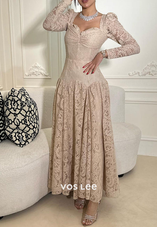 A-Line Long Sleeve Sweetheart Lace Ankle-Length Evening Dresses