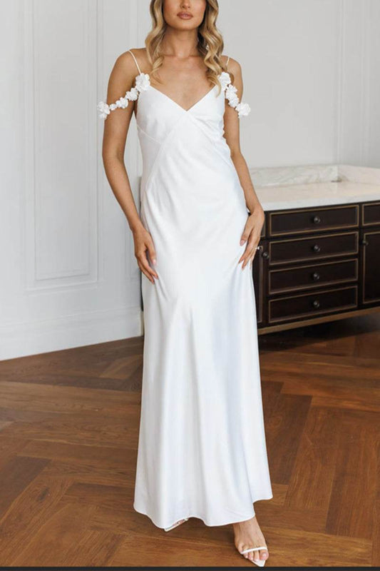 3D Flower Sheath-Column Ankle Length Satin Little White Dress