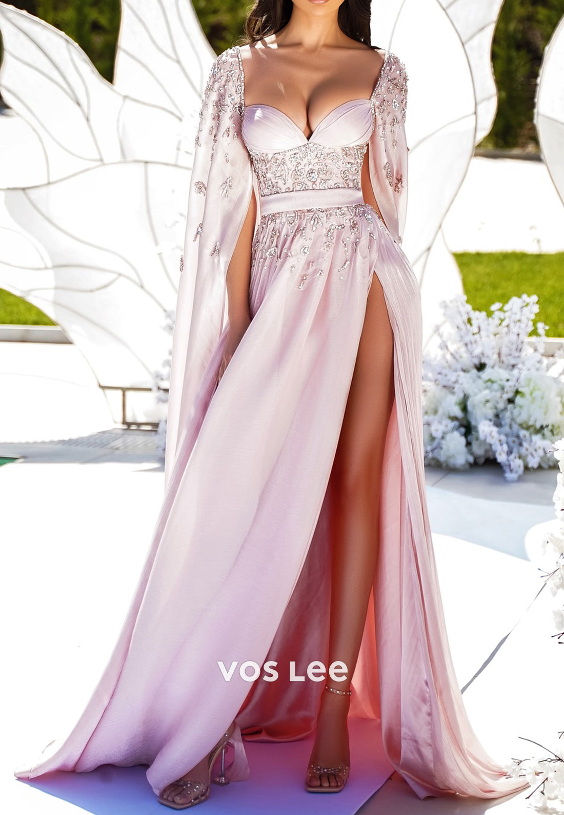 A-Line Sweetheart Rhinestone Embellished Pleated Evening Dresses with Court Train