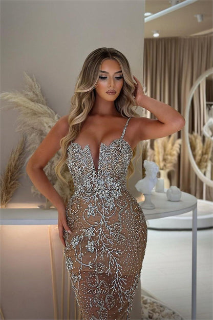 VOS LEE Exquisite Spaghetti Strap Sleeveless Mermaid Beaded Long Evening Dress With Embroidery