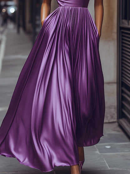 Lilac Strapless Pleated Satin A-Line Dress