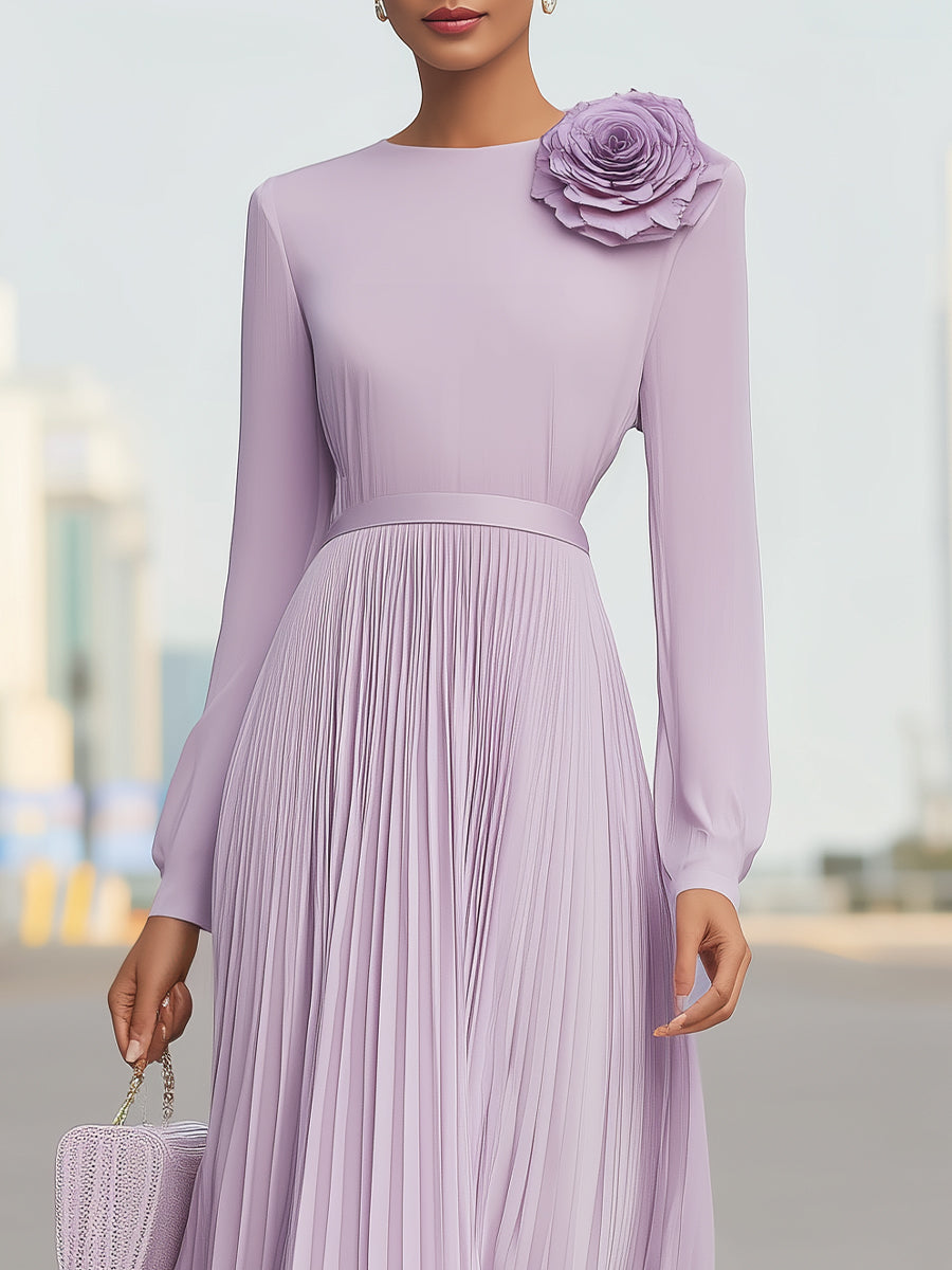 Lavender Long Sleeve Pleated Maxi Dress With 3D Floral Accent