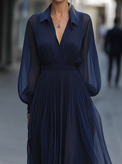 Navy Chiffon Maxi Dress With Pleated Skirt
