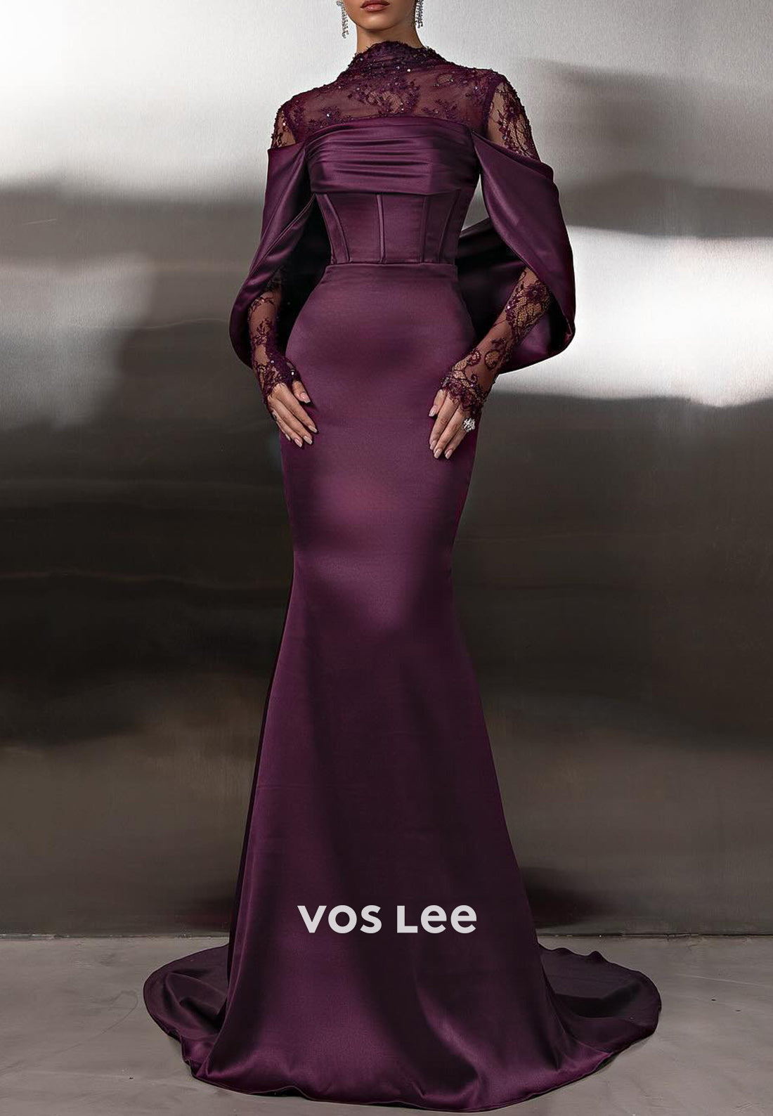 Grape - Long Sleeve High Neck Satin Mermaid Evening Dresses with Sweep Train