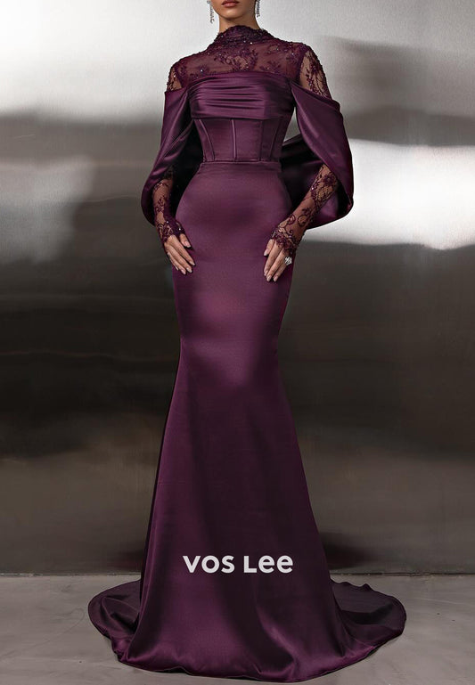 Grape - Long Sleeve High Neck Satin Mermaid Evening Dresses with Sweep Train