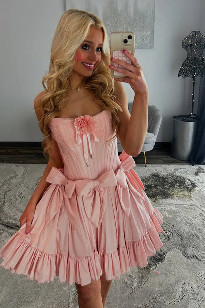Cute A Line Strapless Pink Short Homecoming Dress with Bowknot Flowers