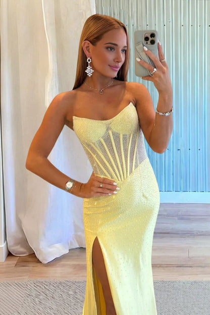 Mermaid Scoop Neck Hot Fix Satin Prom Dress with Slit