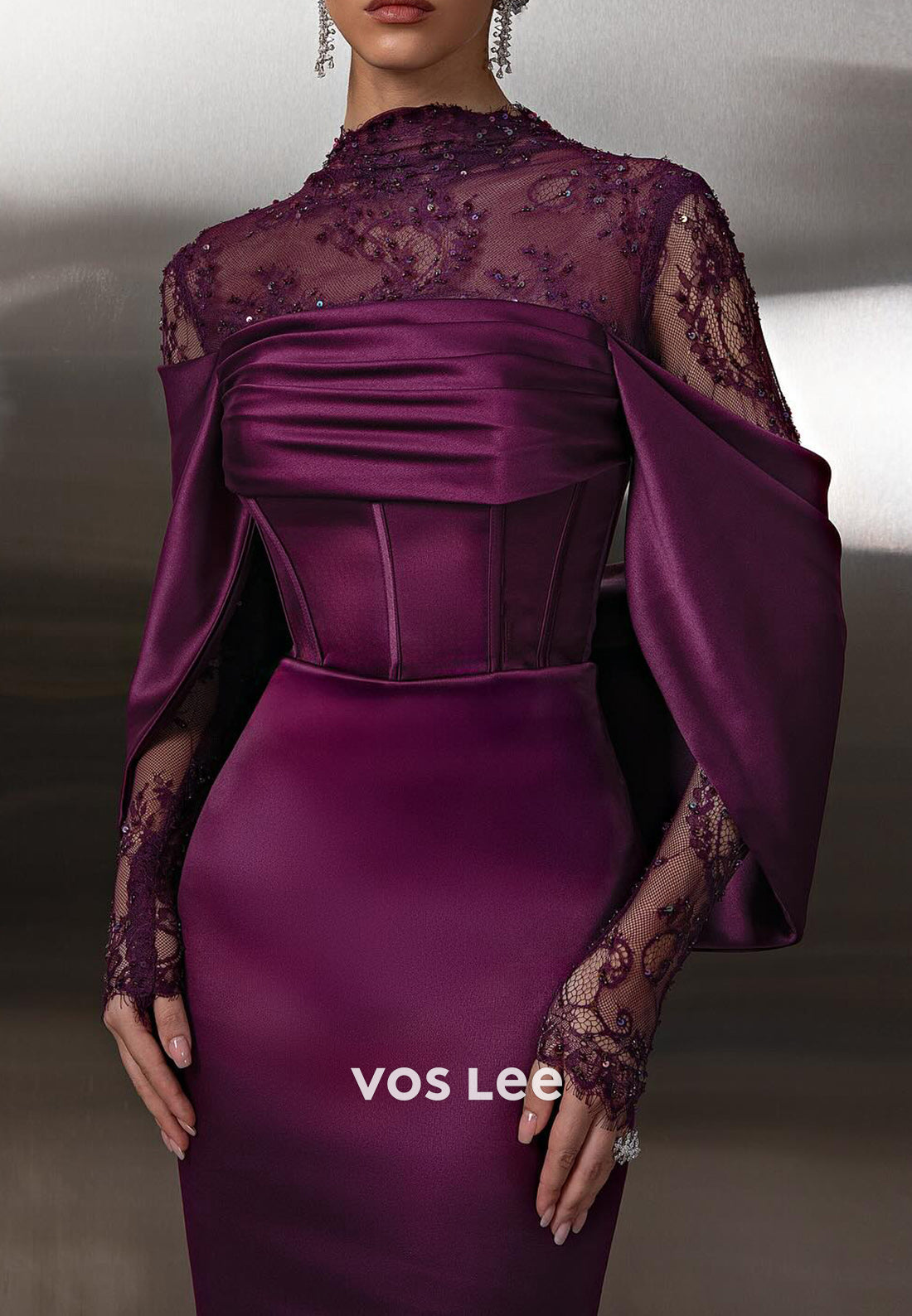 Grape - Long Sleeve High Neck Satin Mermaid Evening Dresses with Sweep Train