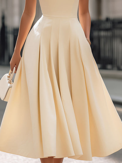 Luxe Cream Sleeveless Turtleneck Pleated Midi Dress