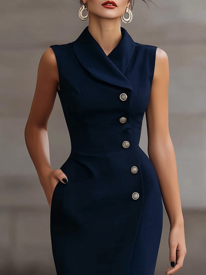Sleeveless Shawl Collar Button-Front Midi Dress