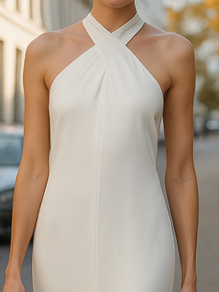 Stylish Plain Halter Fringe Hem Party Dress Wedding Guest Dresses