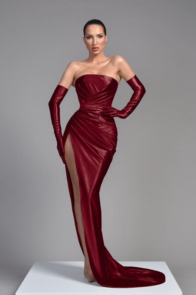 Champagne Evening Dress Half Sleeves With Pleated High Split