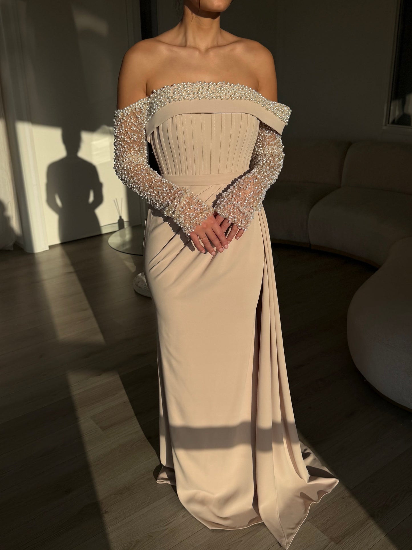Brown Off Shoulder Long Sleeve Beaded Ruched Mermaid Evening Gown