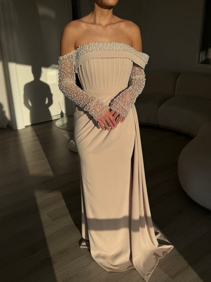 Brown Off Shoulder Long Sleeve Beaded Ruched Mermaid Evening Gown