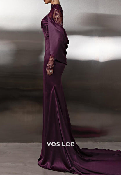Grape - Long Sleeve High Neck Satin Mermaid Evening Dresses with Sweep Train