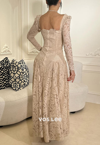 A-Line Long Sleeve Sweetheart Lace Ankle-Length Evening Dresses