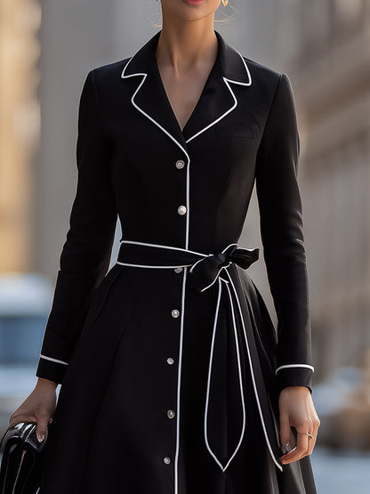 Elegant Black Contrast-Trim Midi Dress With Belt