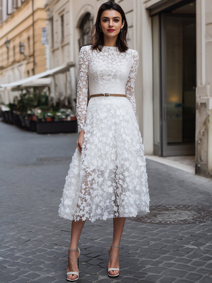 Elegant Floral Lace Long-Sleeve Midi Dress