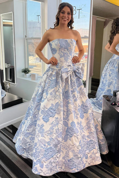 Gorgeous Ball Gown Strapless Jacquard Satin Long Prom Dress with Bow
