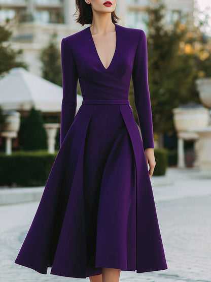 Plum A-Line Midi Dress With Pleated Skirt