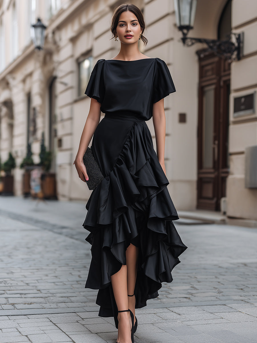 Short Sleeve Asymmetric Ruffle Midi Dress