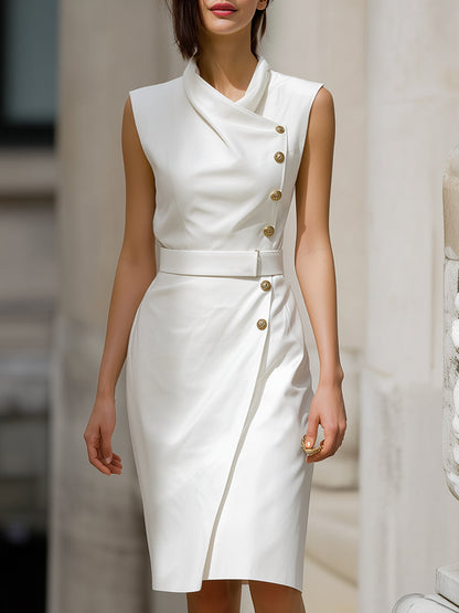 Asymmetric Buttoned Sleeveless Wrap Dress In Ivory
