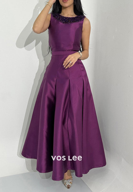 A-Line Scoop Beading Embellished Ruched Ankle-Length Evening Dresses