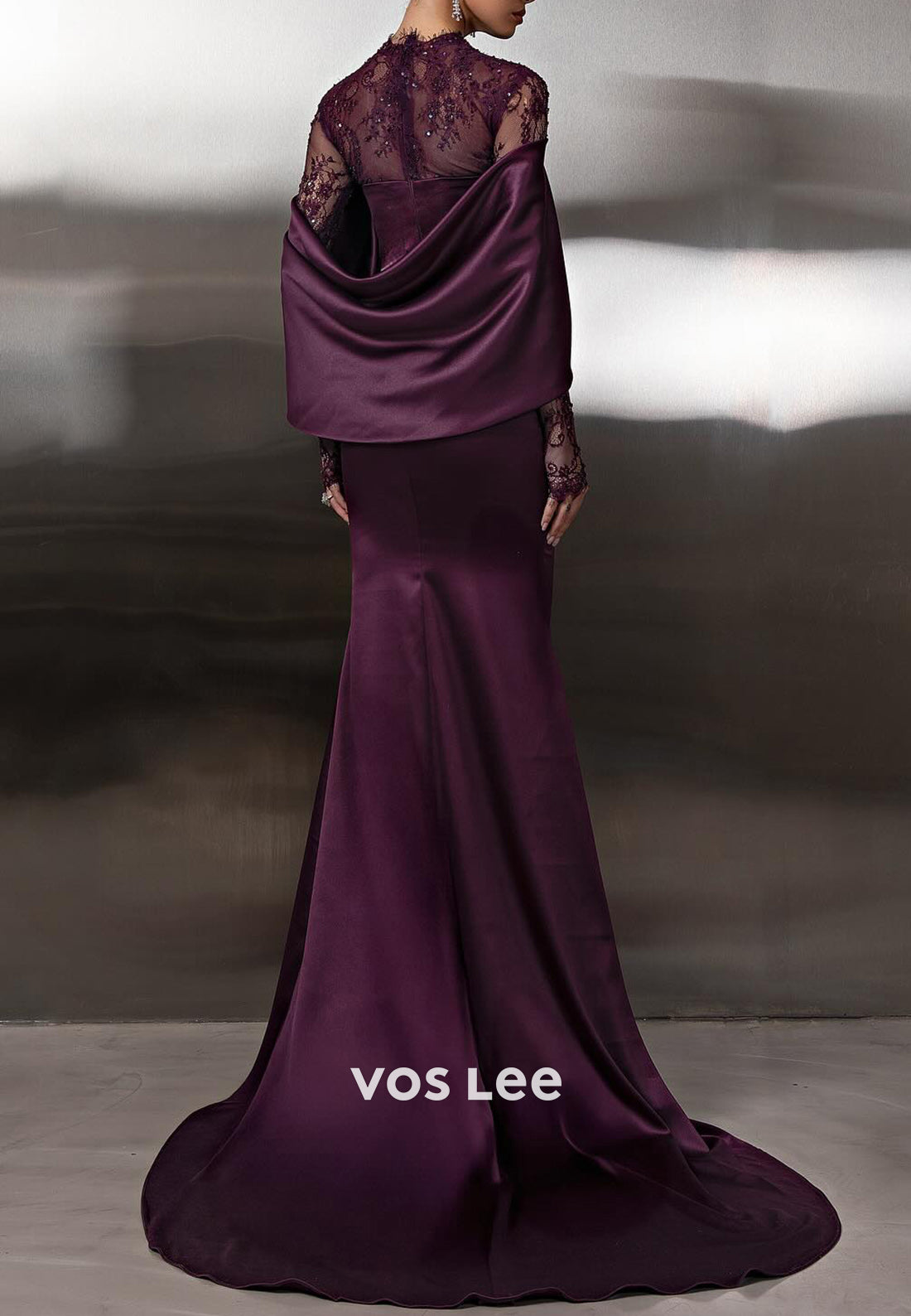 Grape - Long Sleeve High Neck Satin Mermaid Evening Dresses with Sweep Train