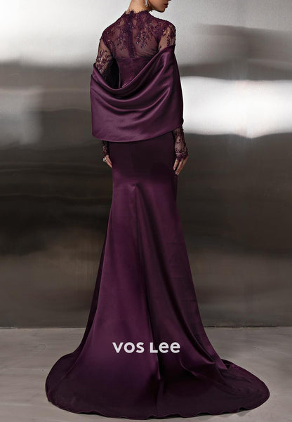 Grape - Long Sleeve High Neck Satin Mermaid Evening Dresses with Sweep Train