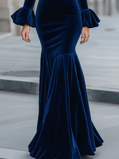 Midnight Velvet Flounce Cuffs Mermaid Gown