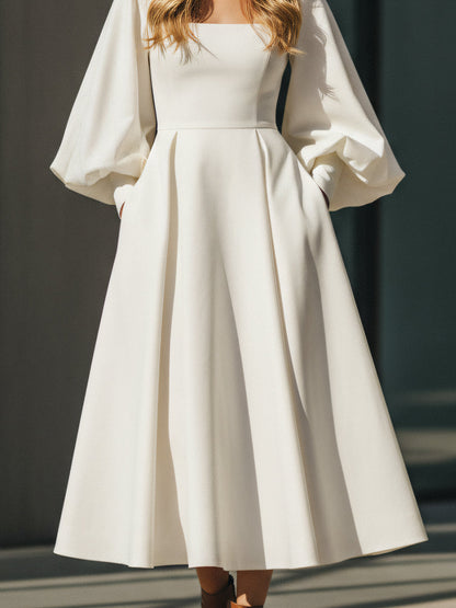 Ivory Sculpted Midi Dress With Balloon Sleeves