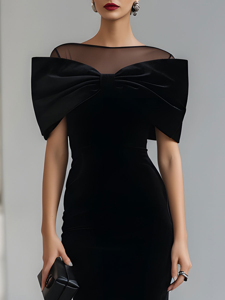 Dramatic Black Velvet Bow Midi Dress