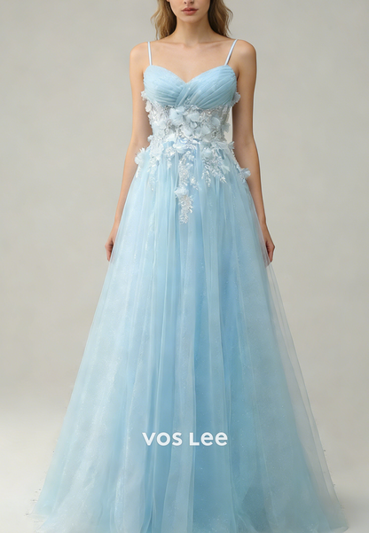 Spaghetti Straps A Line Blue Tulle Long Prom Dresses With Flowers Appliques
