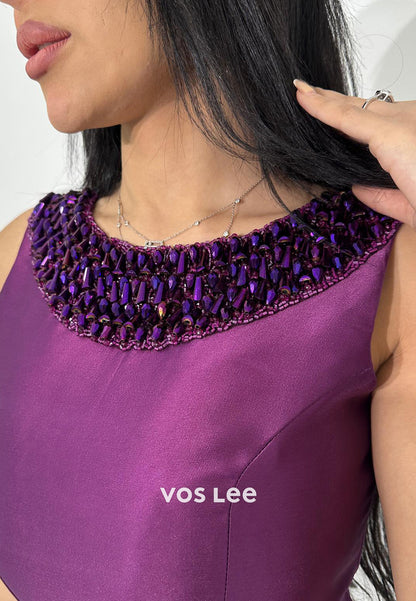 A-Line Scoop Beading Embellished Ruched Ankle-Length Evening Dresses