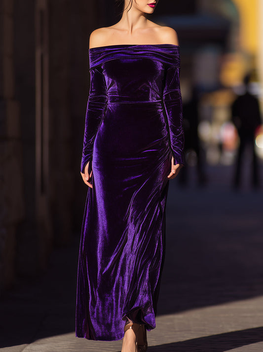 Purple Off-Shoulder Velvet Evening Dress