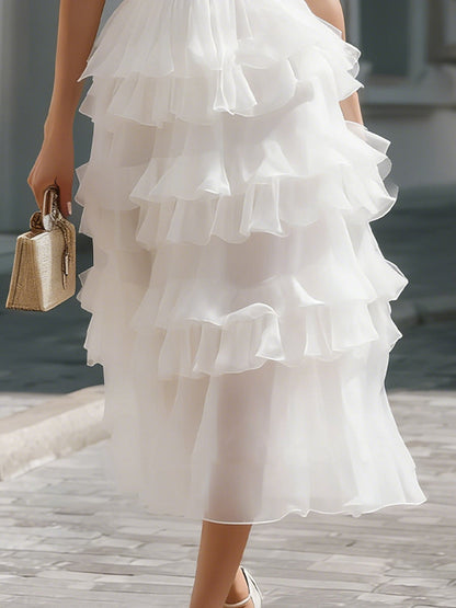 White Sleeveless High Neck Tiered Ruffle Tulle Midi Dress