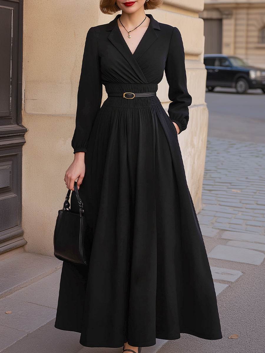 Long-Sleeve A-Line Maxi Dress With Belted Waist