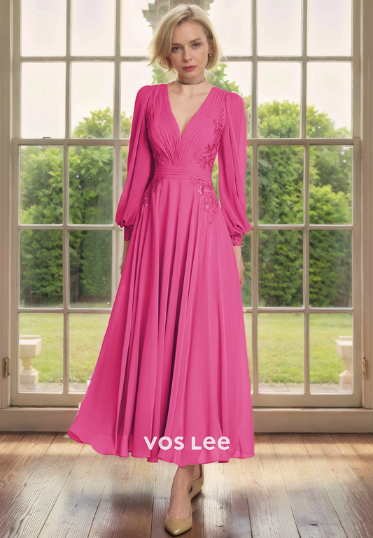 A Line V Neck Chiffon Lace Appliques Long Sleeves Mother of the Bride/Groom Dress Tea Length